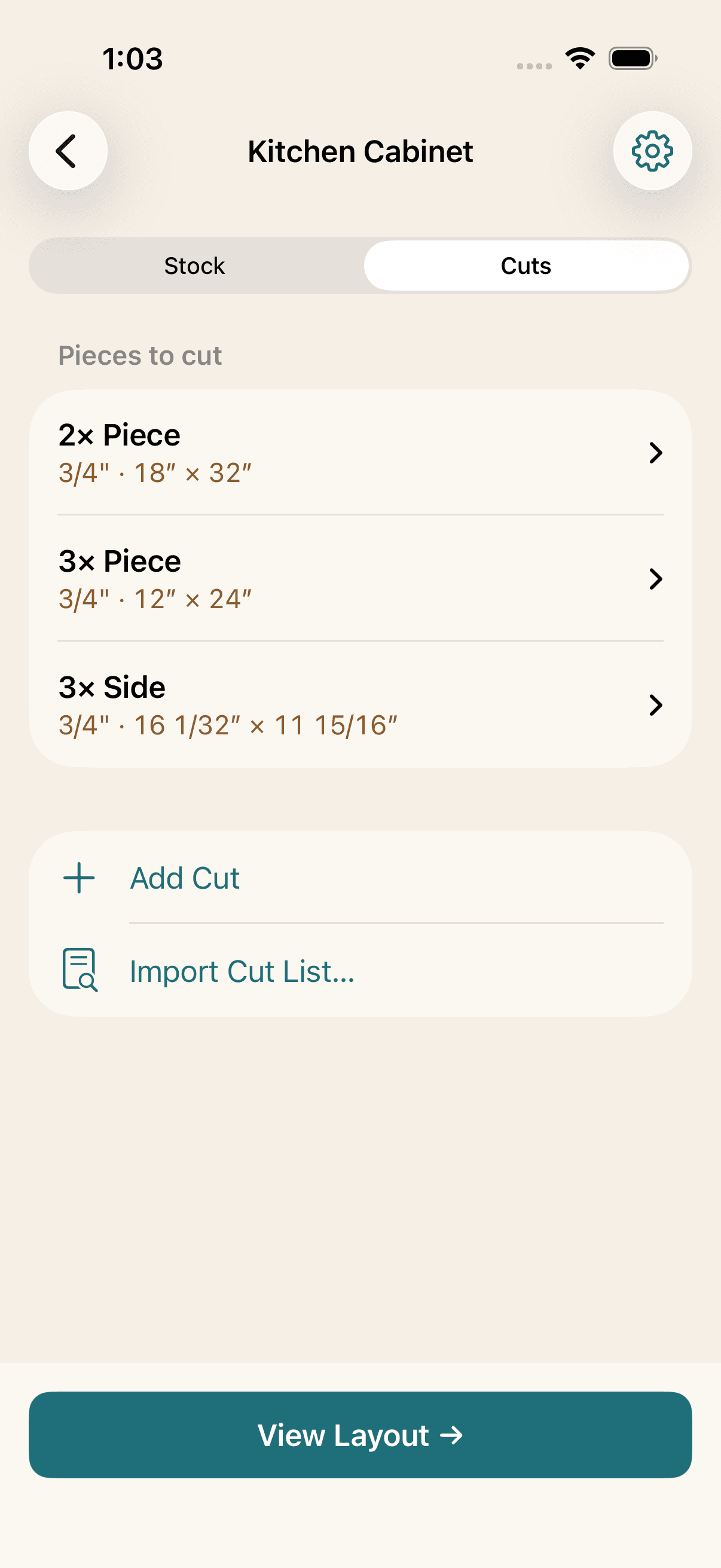 Kerf cut list editor showing pieces with names, dimensions, and quantities