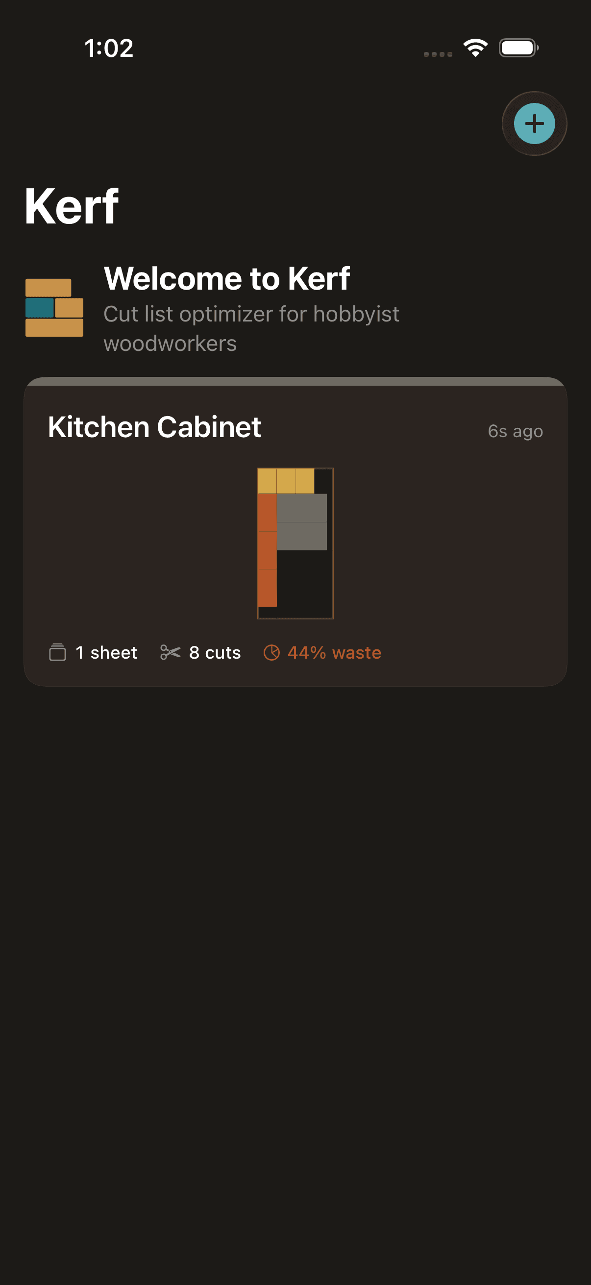 Kerf project list showing saved cabinet projects with thumbnail previews of their solved layouts