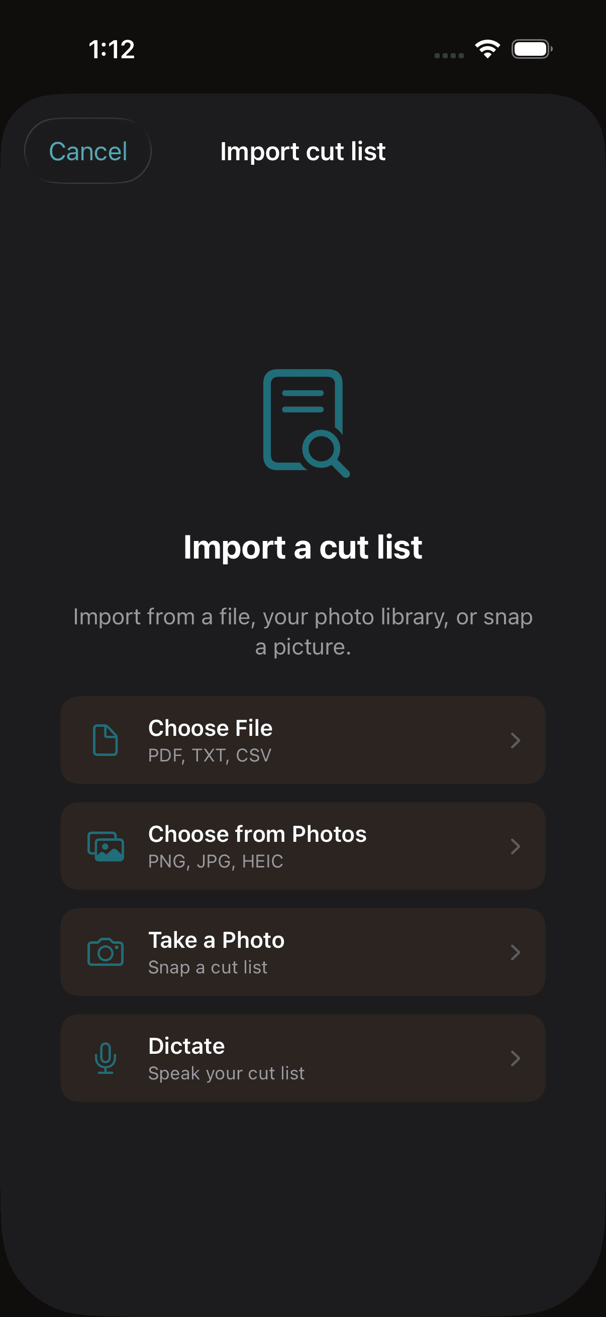 Kerf import screen offering four source options: file, camera, photo library, and voice dictation