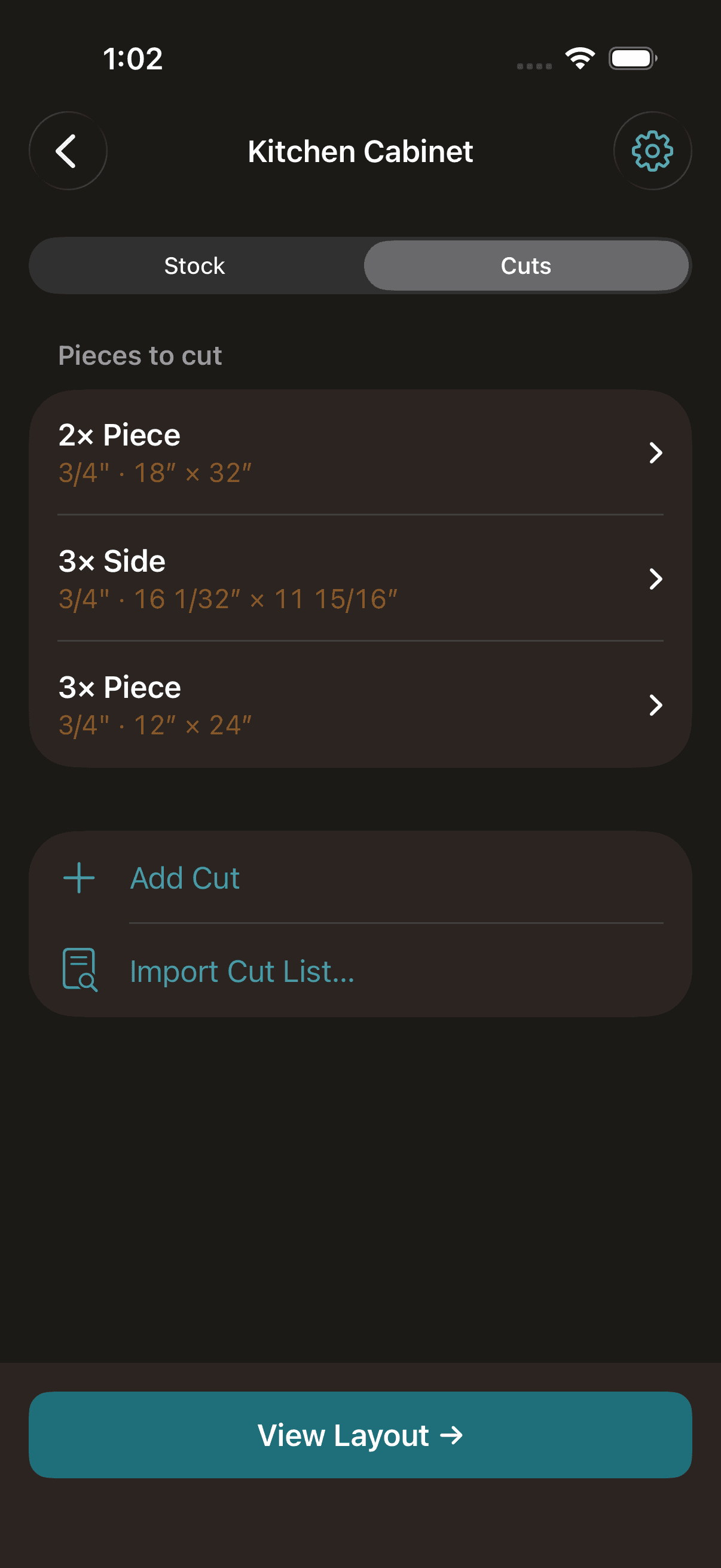 Kerf cuts editor showing a list of cut pieces with dimensions and quantities