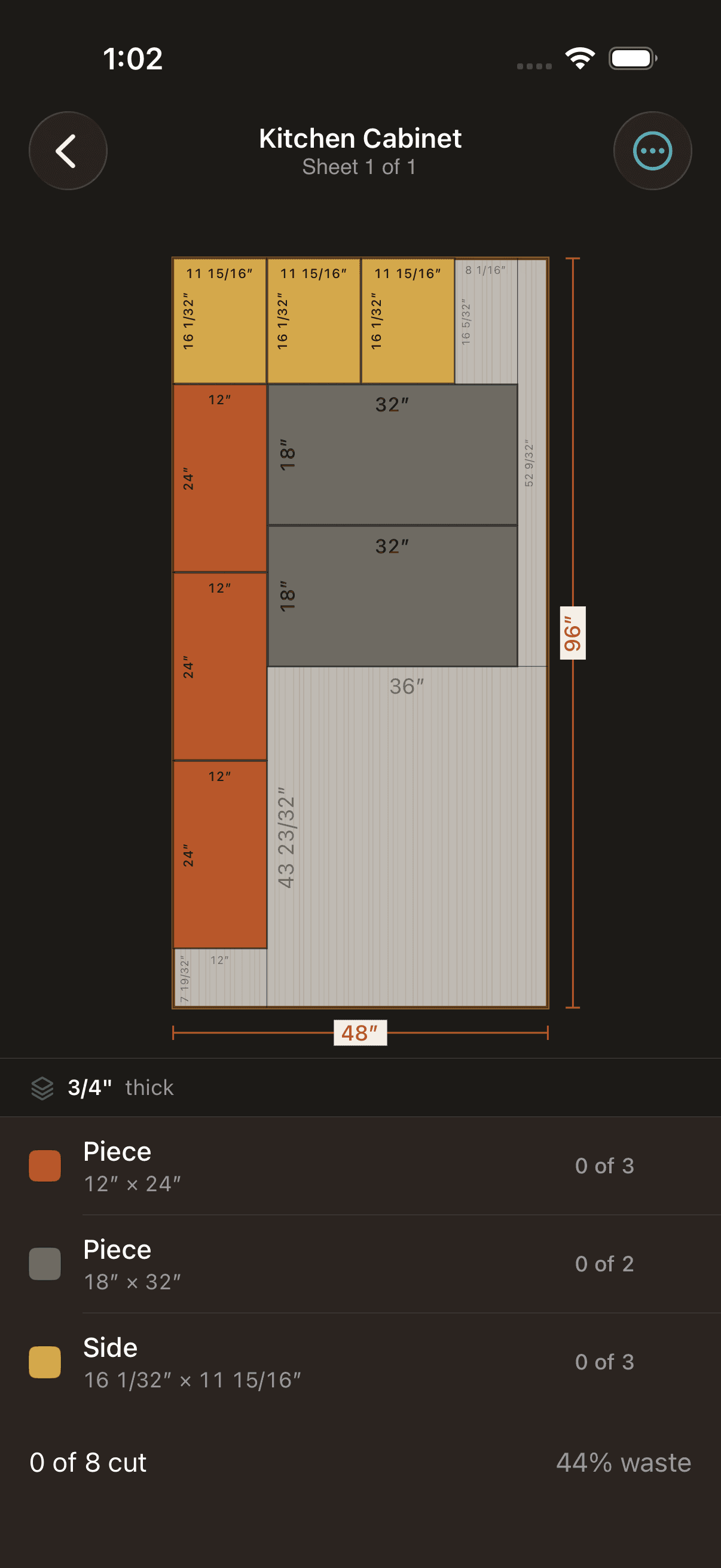 Kerf results screen showing a solved Best Leftover layout with labeled pieces on a 48 by 96 inch plywood sheet