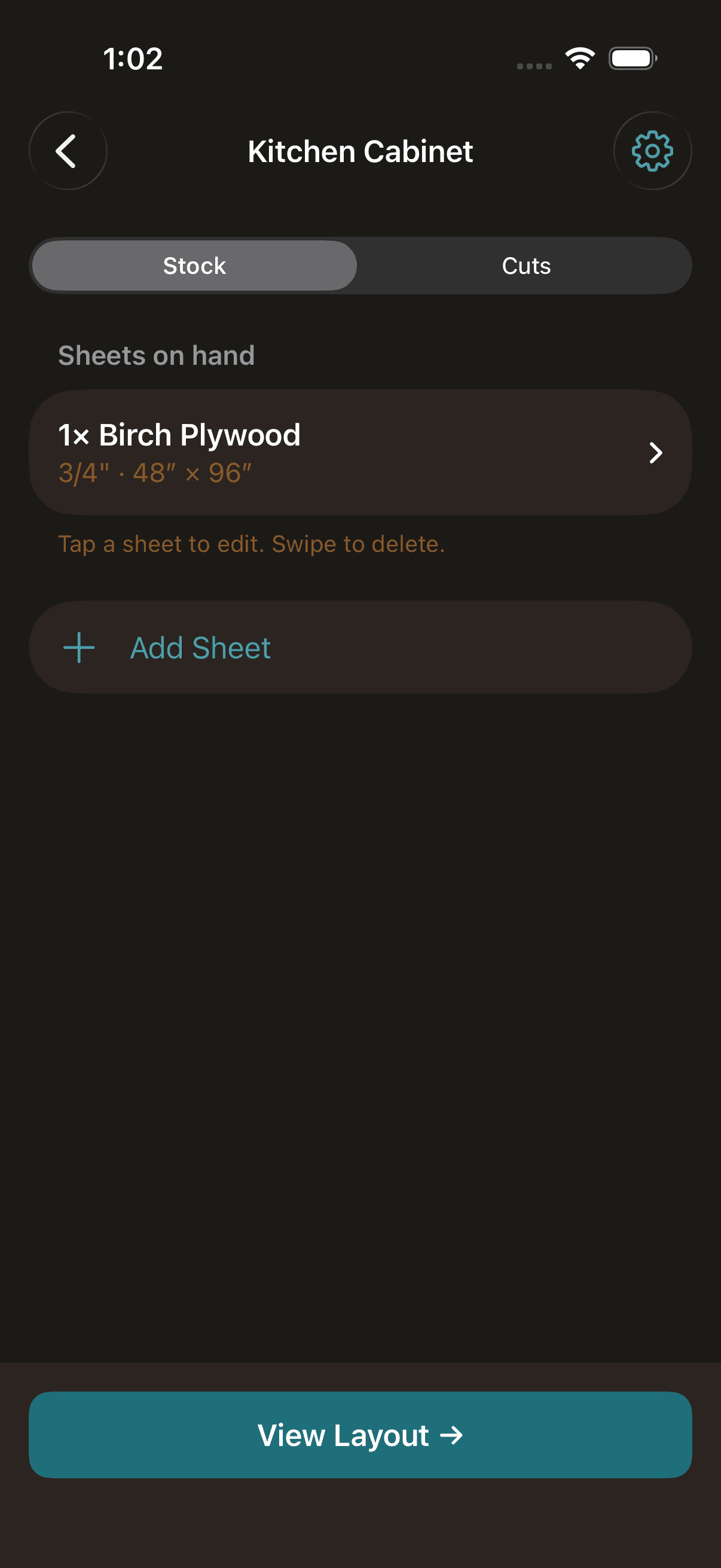 Kerf stock editor with dimension fields accepting fractional inch input