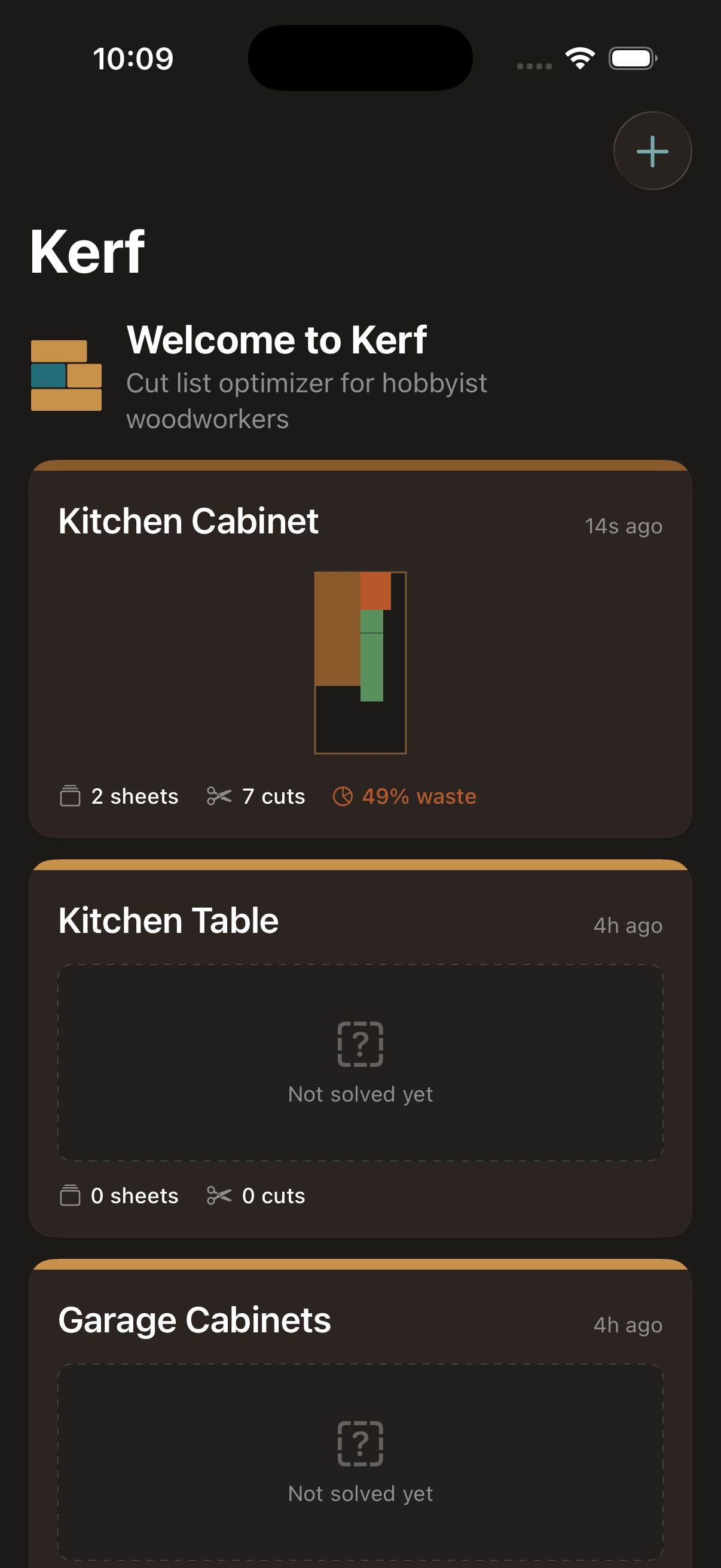 Kerf project list showing saved cabinet projects with thumbnail previews
