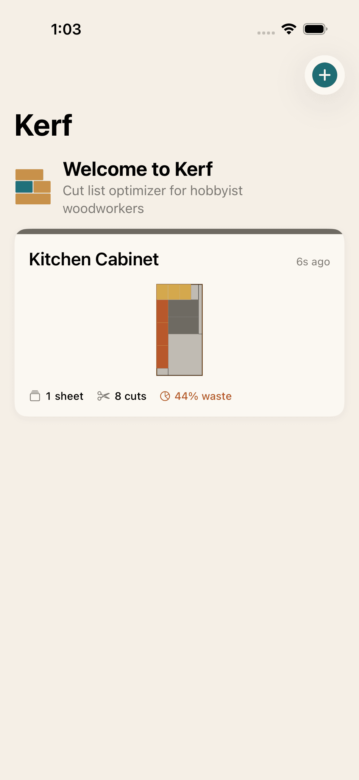 Kerf project list showing saved cabinet projects with thumbnail previews
