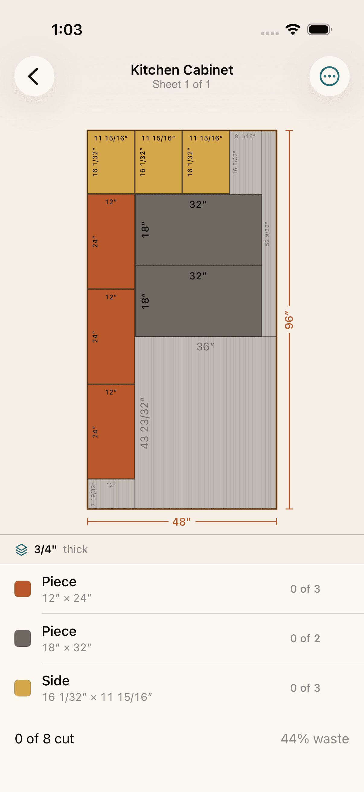 Kerf app showing a solved cut list layout on a 48 by 96 inch plywood sheet